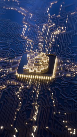 Bitcoin crypto currency digital technology on circuit board. Abstract futuristic 3D render background. Future of money global market exchange. Lightning network transactions. BTC mining concept
