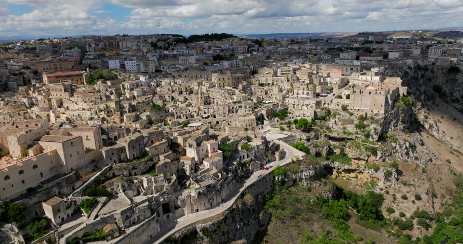Rocky Mountainside Ancient Town Of Matera In Basilicata, Southern Italy. Aerial Shot