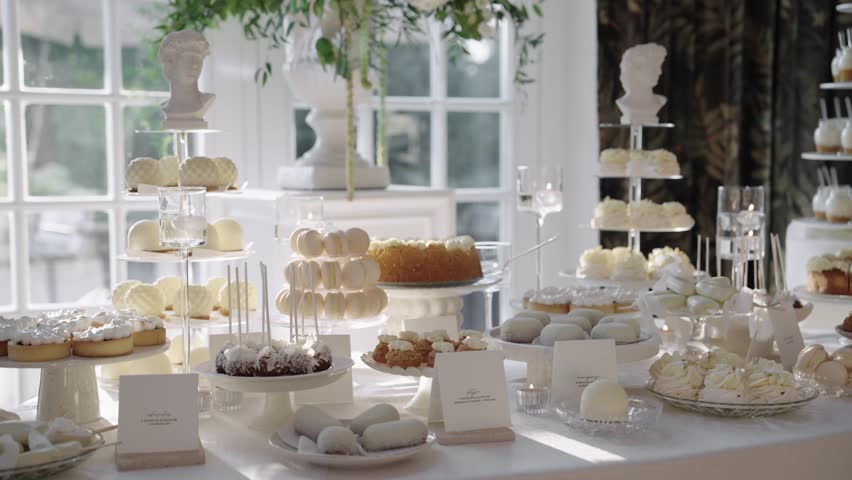 Elegant dessert table bathed in golden sunlight streaming through the window, featuring a variety of pastries and sweets arranged artistically on beautiful platters and dishes, in soft beige and gold 