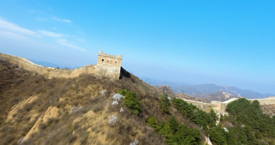Flying Above Great Wall Of China On Mountains In Jinshanling In Chengde, China. FPV drone shot