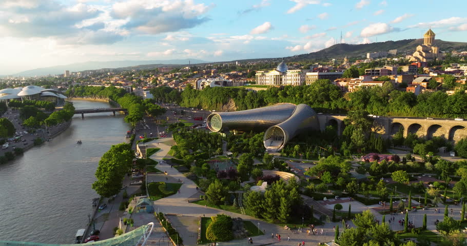 Music Theatre and Exhibition Hall At Rhike Park In The City Of Tbilisi, Georgia. Aerial Drone Shot