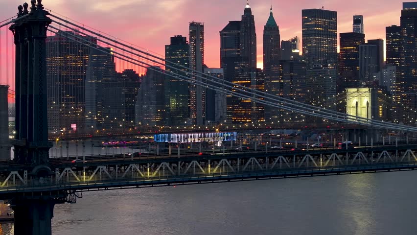 Manhattan Bridge At Manhattan In New York United States. Illuminated Downtown. Sunset City Landscape. Manhattan Bridge At New York United States. Brooklyn Bridge.