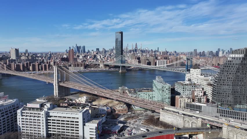 Brooklyn Bridge At Manhattan In New York United States. Highrise Buildings Scenery. Manhattan Bridge Landscape. Brooklyn Bridge At New York United States. Downtown Cityscape.