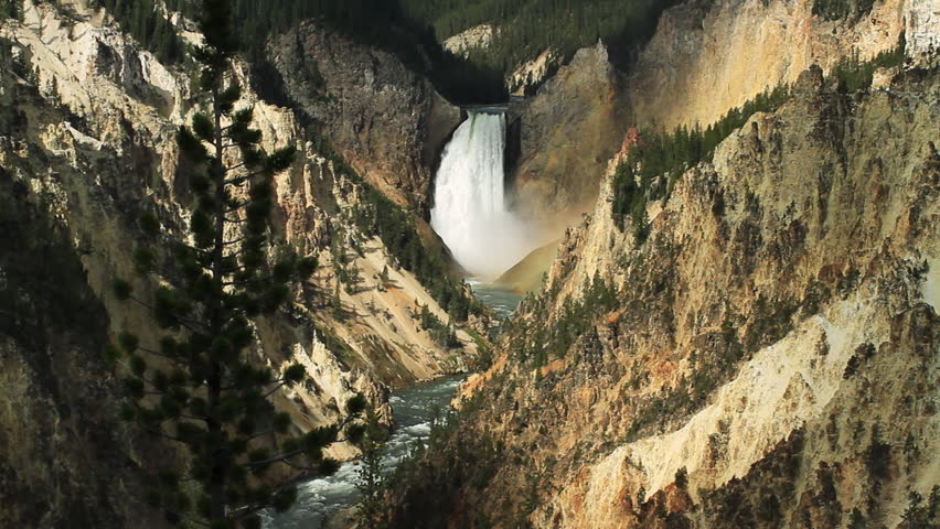 Locked off view of the Yellowstone Falls in Yellowstone Park, Wyoming, on a