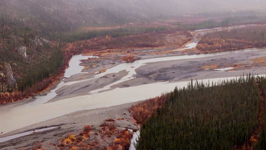 Aerial View Of Ogilvie River On A Misty Day In Yukon, Canada.