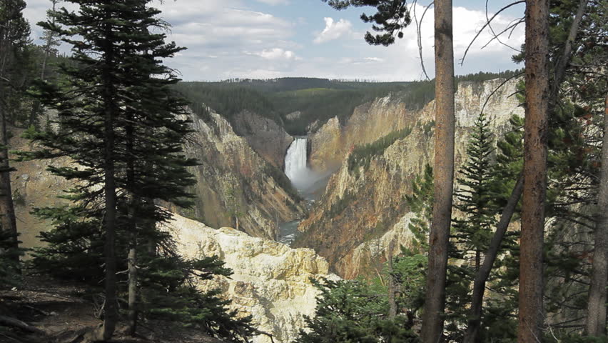 View through the trees of Yellowstone Falls in Yellowstone Park, Wyoming, on a