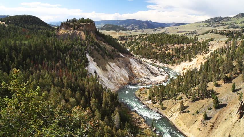 Yellowstone River flowing through beautiful scenery in Yellowstone Park,