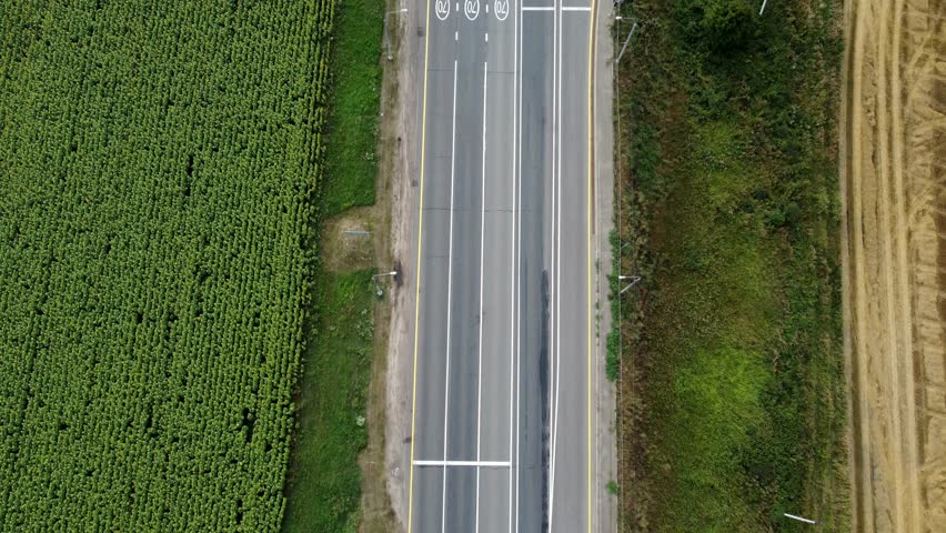 A road with a white line down the middle and a green field on the side. The road is empty and the field is full of grass