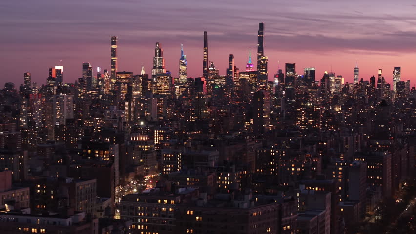 Aerial view of the New York City skyline at dusk. Shot in Harlem looking south towards Midtown Manhattan.