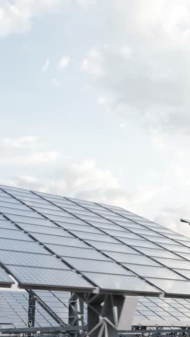 Solar panels adjusting to sunlight: renewable energy visualization. Vertical animation. 3D Illustration