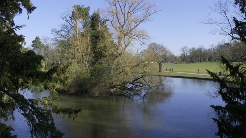 Island on Swan Lake, Canon Hill Park, Birmingham.
Wooded island lit by spring sunshine in Canon Hill Park, Birmingham.