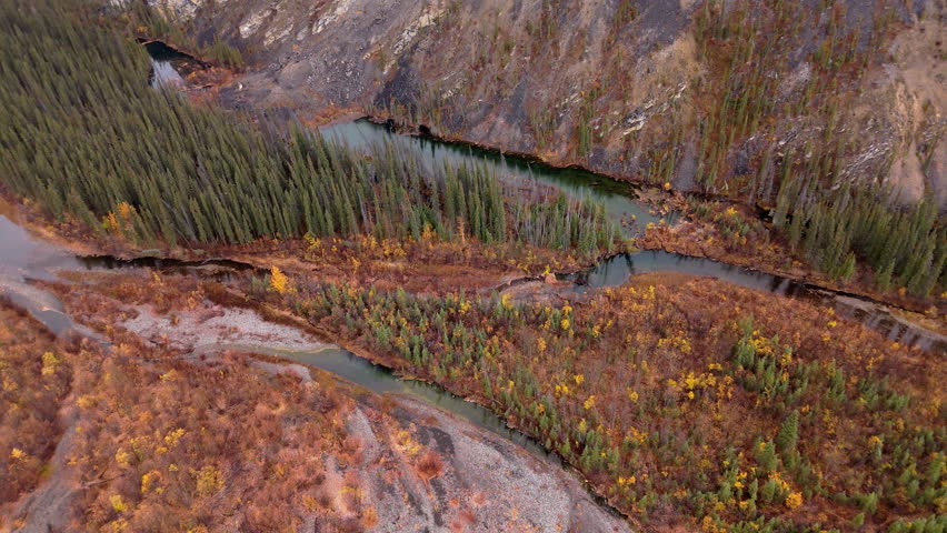 Engineer Creek And The Ogilvie River In The Yukon Territory, Canada. Aerial Drone Shot