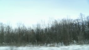 View from car window while driving past snow-covered trees and street signs in the Mid West, USA. Clip intended for compositing with green screen driving shots. This is passenger side view. 