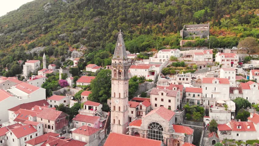 town harbour and St. Nicholas church in Perast, Montenegro