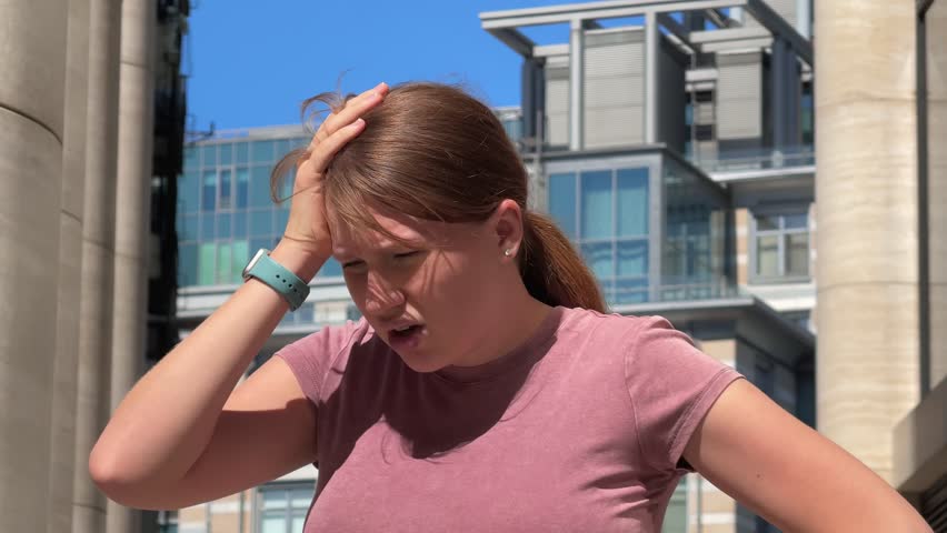 Young woman is suffering because of heat, hot weather, having sunstroke