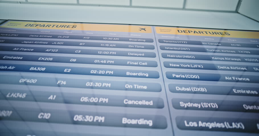 International Airport Terminal: Digital Arrival and Departure Information Display Showing Useful Flight Data For Travelers. Canceled Flights Due to Bad Weather Conditions or Terrorist Attack. Close Up