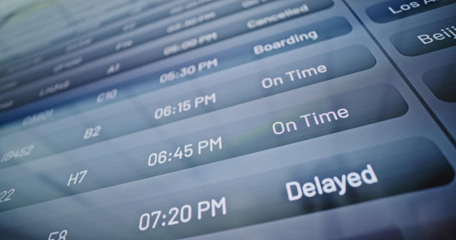 Airport Terminal: Close Up of Arrival and Departure Information Board. Digital Timetable Screen Showing Flight Data For Passengers. Flights Cancellation Due to Dangerous Weather or Security Issues.