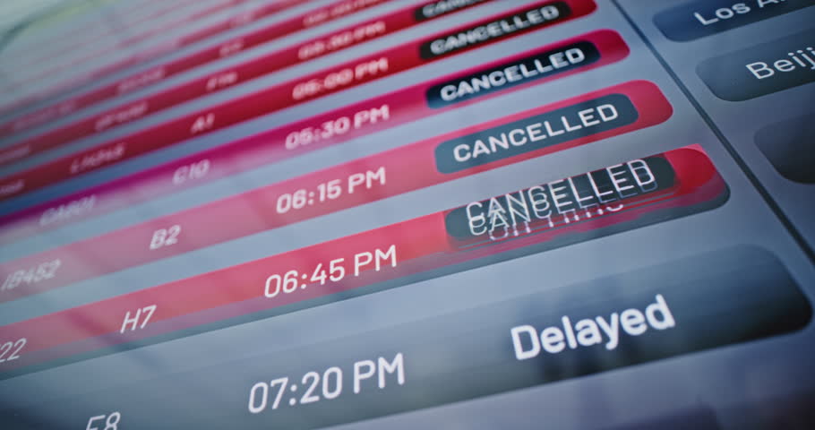 Airport Terminal: Close Up of Arrival and Departure Information Board. Digital Timetable Screen Showing Flight Data For Passengers. Flights Cancellation Due to Dangerous Weather or Security Issues.