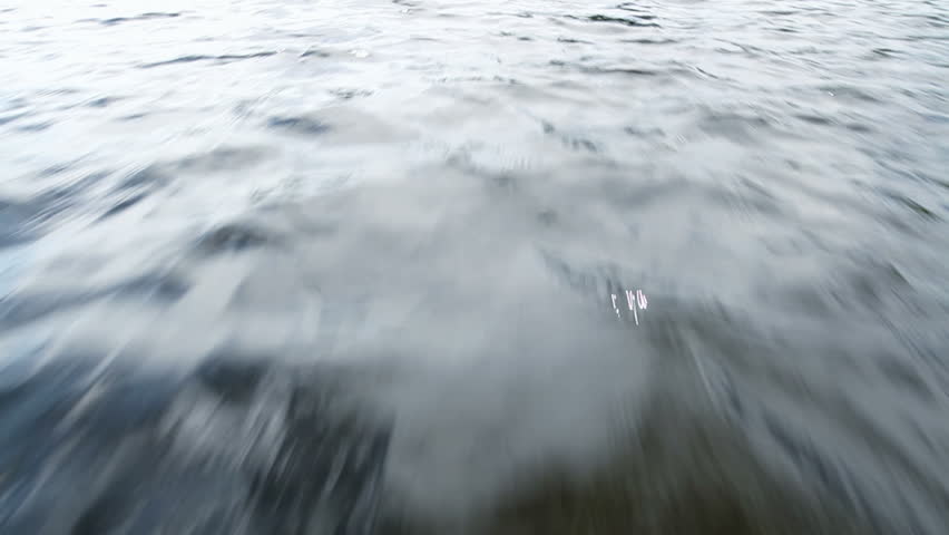 Flying fast, straight over the surface of a lake, fairly close to the water.