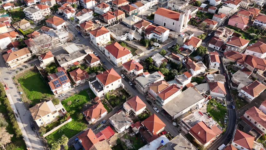 Aerial view of Filiatra town at sunset Messinia Greece