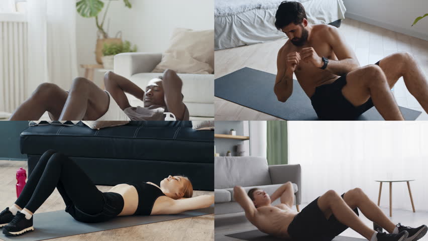 In a lively indoor setting, individuals from diverse backgrounds perform core strengthening exercises on mats. Their focus on fitness highlights a commitment to a healthy lifestyle and athleticism.