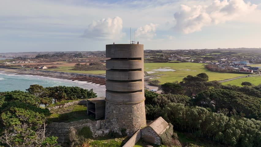 Aerial View of Pleinmont Observation Tower, Guernsey Coastal Landscape