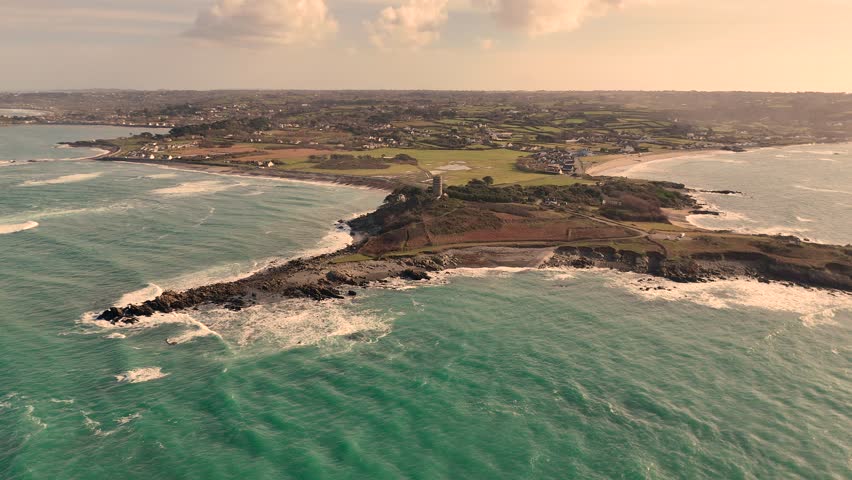 Aerial View of Pleinmont Observation Tower, Guernsey Coastal Landscape
