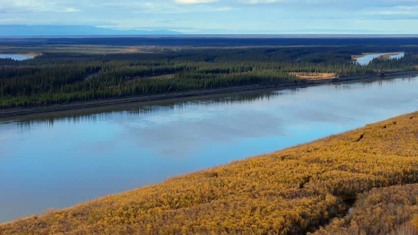 Peel River With Deciduous Autumn Forests Near Fort McPherson In Northwest Territories, Canada. Aerial Shot