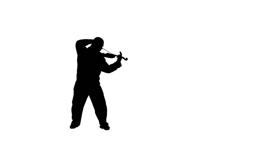 Silhoutted man playing the violin. Black and white silhouette isolated on white