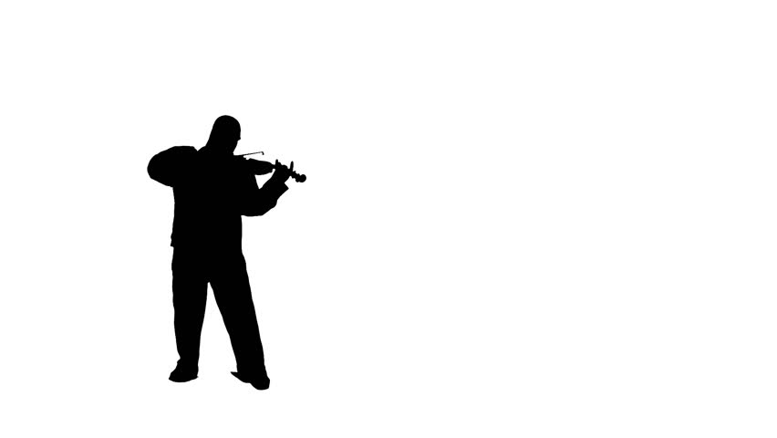 Silhoutted man playing the violin with colorful music notes appearing and