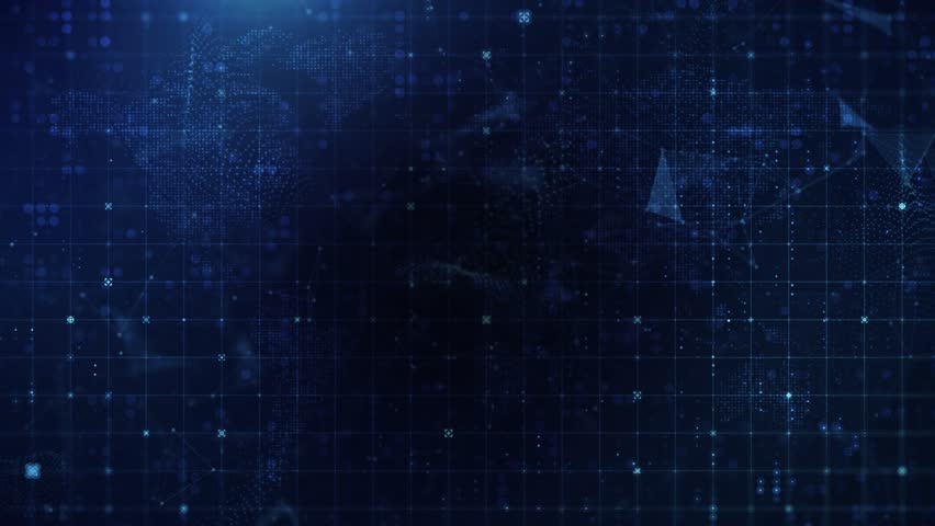 Futuristic HUD World Map with Digital Grid, AI Technology, and Glowing Network Particles