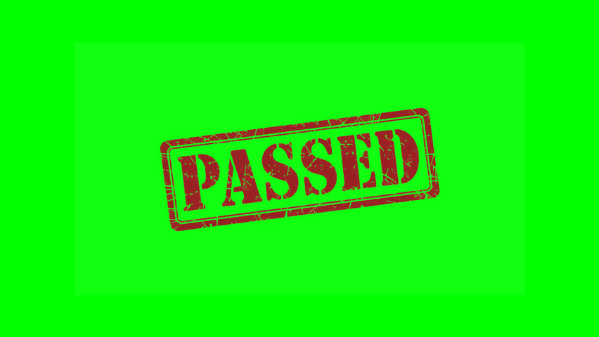 Animated "PASSED" rubber stamp seal with bold red text, featuring a zoom and hit effect on a green screen background for approvals, exam certifications, and successful outcomes