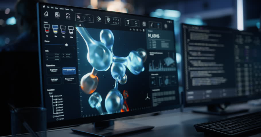 Computer Screen with Molecular Modelling Software with Animated Chemical and Biological Structures are Managed. Focus Switching to an Indian Scientist with a Tablet Working with a Quantum Computer