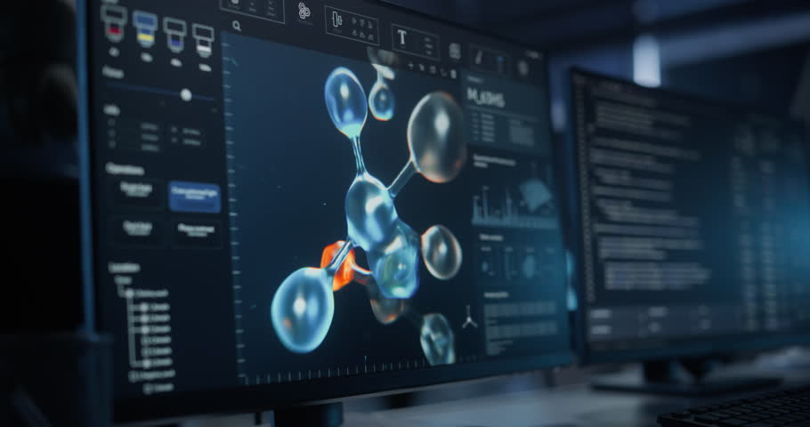 Computer Screen with Molecular Modelling Software Simulating Proteins, Designing New Gene Structure, Visualizing DNA Chemical Reactions and Source Code. Gene Editing Healthcare Technology Concept