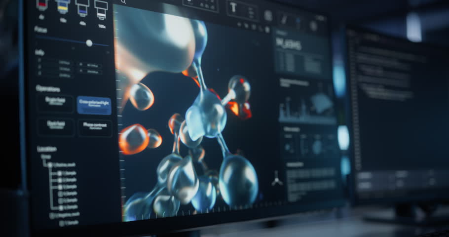 Computer Screen with Molecular Modelling Software Simulating Proteins, Designing New Gene Structure, Visualizing DNA Chemical Reactions and Source Code. Gene Editing Healthcare Technology Concept