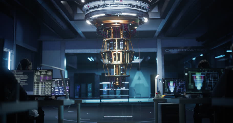 Computer Engineering Team Working in a Research Center on Quantum Hardware Development, Analyzing Data in an Industrial Laboratory. Diverse Specialists Focusing on Innovation and Technology