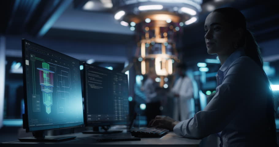 Young Female Software Developer Working Behind a Desk on a Computer. Engineer Optimizing Software Code of a Quantum Processor, Building a Visual Model of the Quantum Computing Architecture
