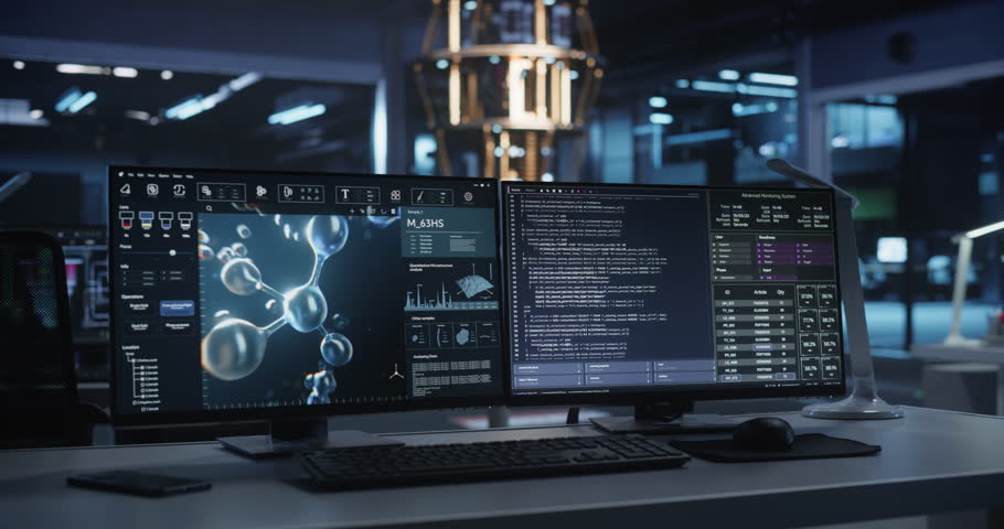 Technology Laboratory with Desktop Computers with Molecular Modelling Software. Scientific Lab, Bioengineering Research Center with Quantum Computer, Technology for Gene and DNA Sequencing Medicine