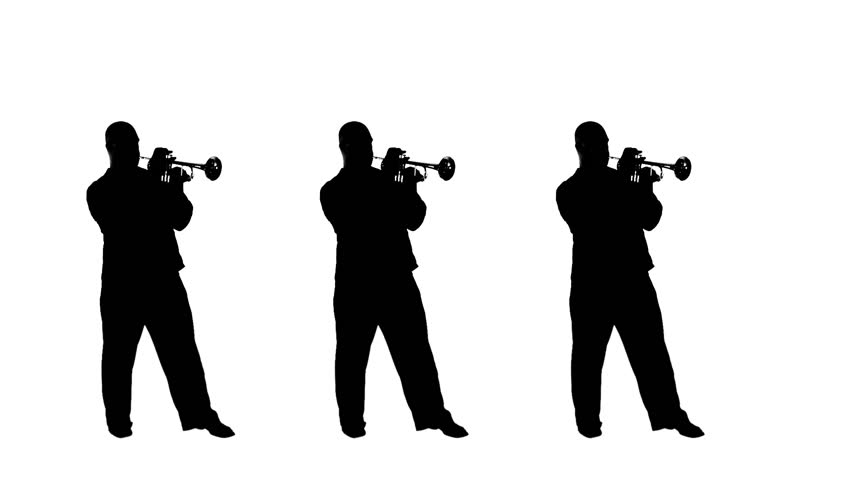 Three silhouettes swinging out as they play trumpet in a studio. Black and white
