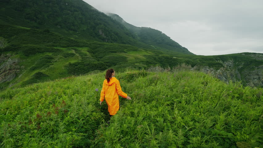 Woman In Nature, Aerial Following Shot With Female Traveler Admiring Beauty Of Unique Natural Park