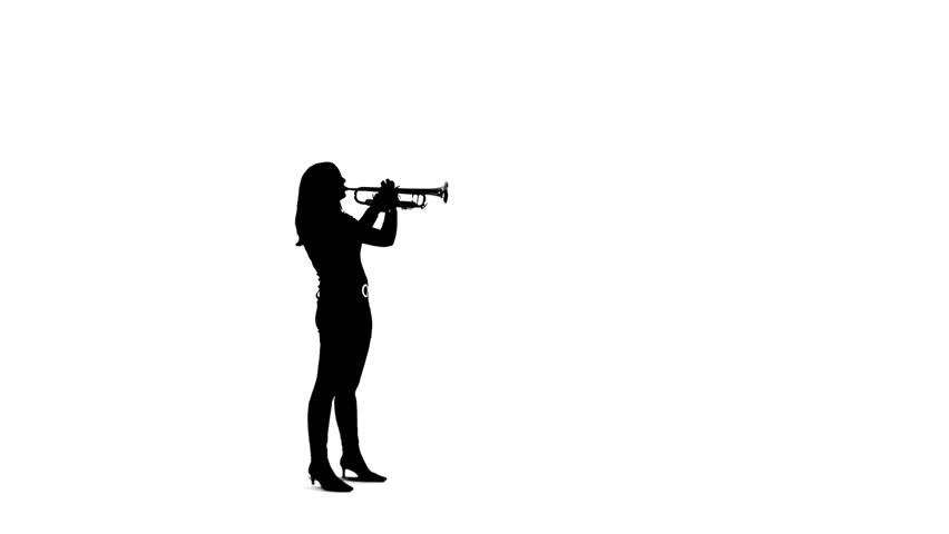 Young woman playing the trumpet and animated music notes appear, then swirl