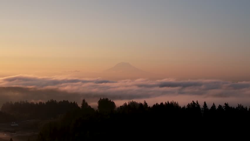 Wide shot of foggy sunrise over Mount Rainier, also known as Tahoma, with forest and skyscape in Cascade Range, Mount Rainier National Park, west-central Washington state, USA