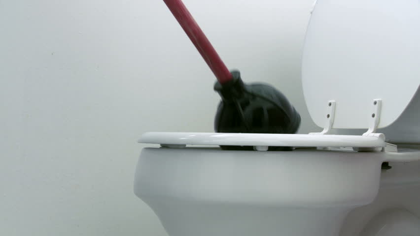 Using a plunger in an attempt to unclog a toilet. Side view.