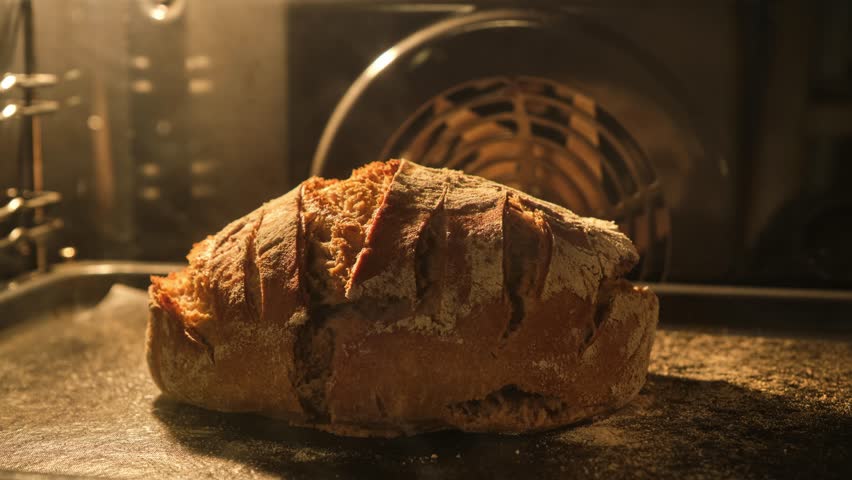 Baking bio bread in oven. Food concept. Bread is raised and baked. Cinematic shot. Making bread and eco production. Organic fresh bread. Timelapse. Healthy nutrition. Close-up in 4K, UHD