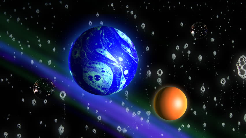 Weird planets made of liquid soap against a background of suds and a detergent