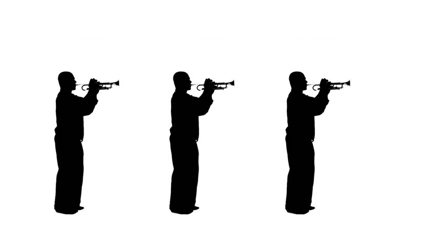 Three silhouettes march on the spot as they play trumpet in a studio. Black and