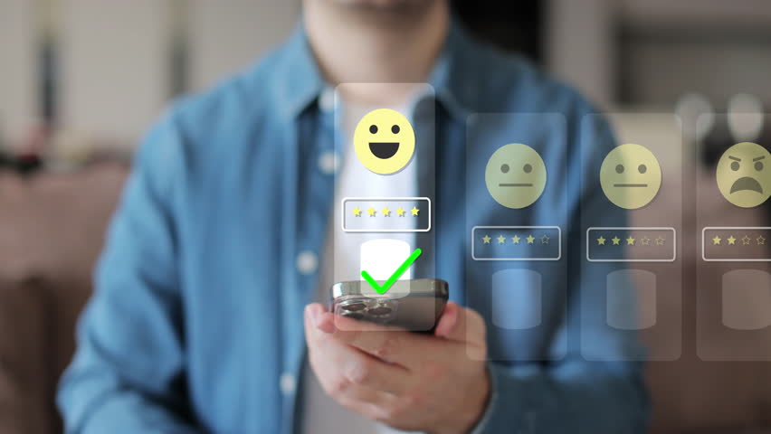 Close-up of man hands using smartphone, rating of the quality of service,store, service and social networks. Satisfaction survey concept reviews customer quality assessment.