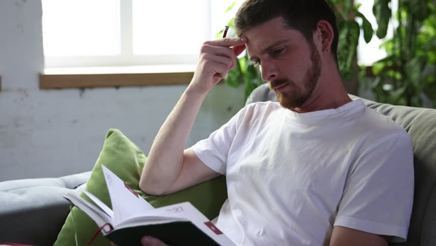 Serious and calm young man, freelancer making notes in planner, notebook, sitting in warm lit living room at cozy home. Concept of work online, management, study, business. Ad