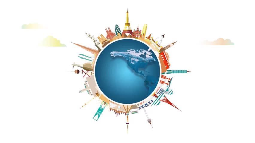 Travel landmark around the world animation banner with cloud and airplane (4K) rending illustration.  Travel world heritage and world famous architecture.
