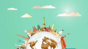 Travel landmarks around the world with cloud and airplane on green background, vacation, sightseeing animation banner with (4K) . Travel world heritage and world famous buildings. - Powered by Shutterstock - Get 15% off with code: PIKWIZARD15